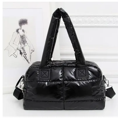 

2021 Fashion Black Nylon Down Leather Tote Bag Women Quilted Puffer Bag