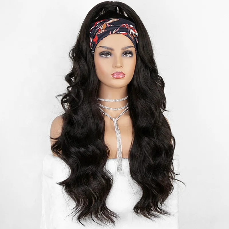 

Aliblisswig 2021 New Fashion None Replacement Body Wave Heat Resistant Fiber Hair Synthetic Headwraps Hair Wig Headband Wig, Black