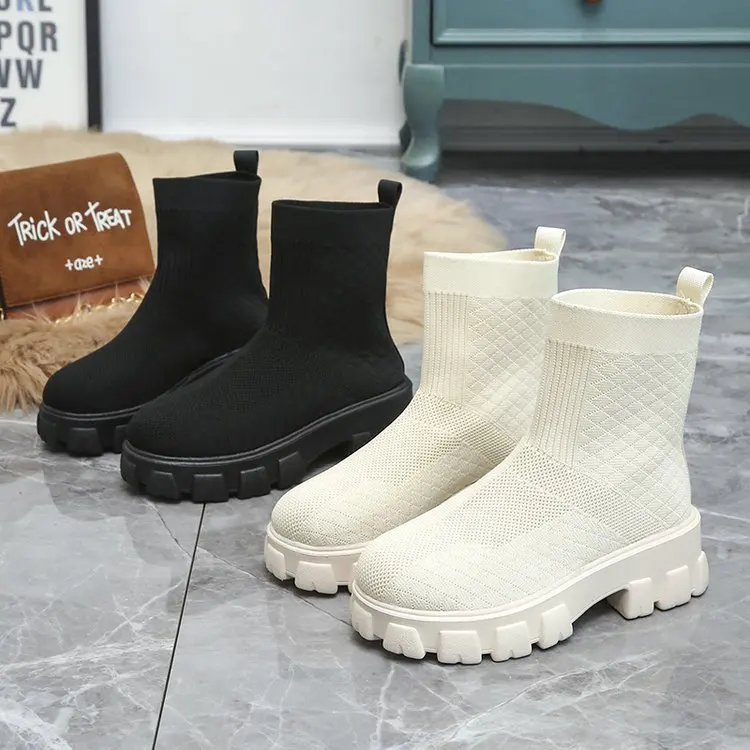 

Korean style casual smoke pipe Dr. Martens Boots thick bottom knitted elastic high top fashion boots2021Fall New and thin boots