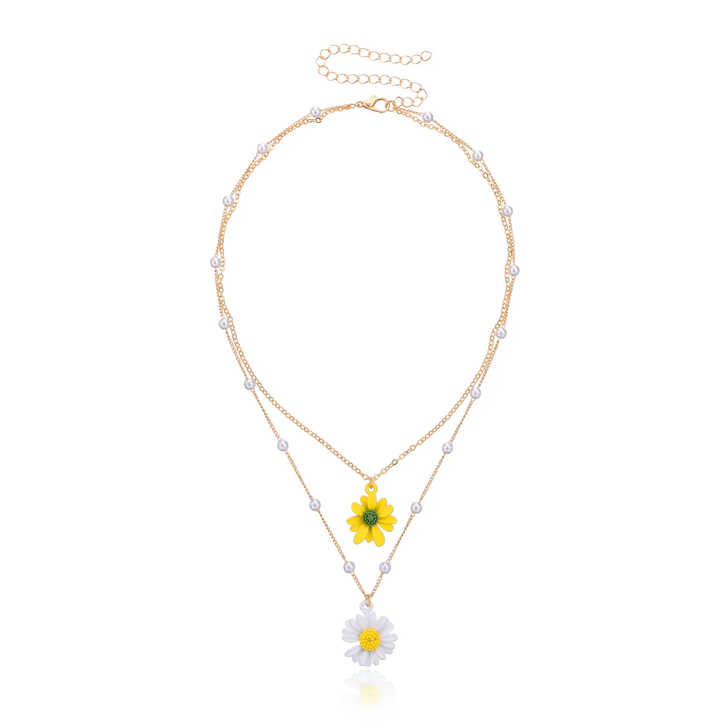 

2021 Boho Sunflower Marguerites Pendant Charms Collier For Women Multilayer Imitation Pearl Beads Choker Daisy Chain Necklace, Gold