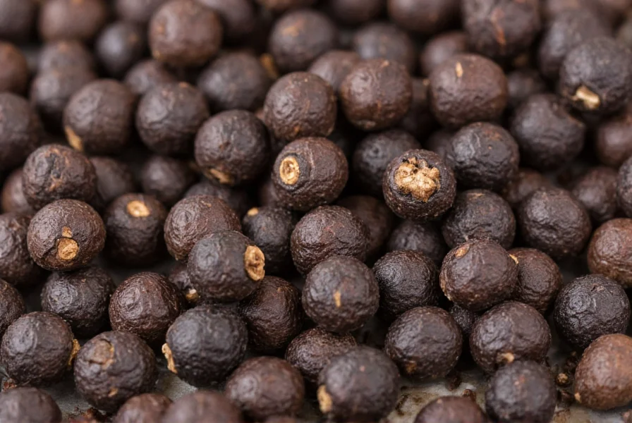 Close-up view of Tellicherry peppercorns showing their large size and dark color compared to regular black pepper