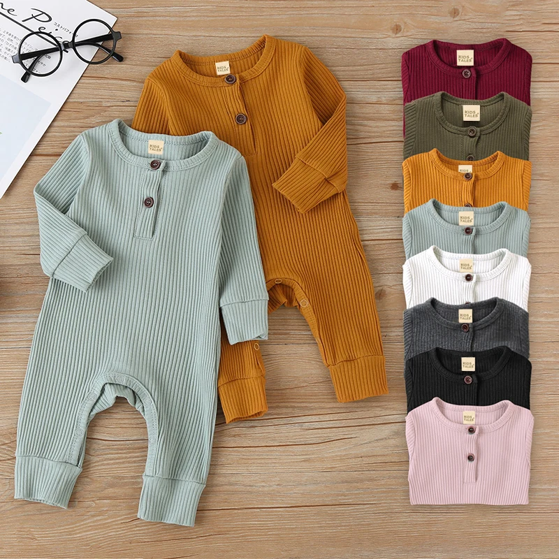 

Newborn Babys Ribbed Cotton Rompers Bodysuit Baby Sleepsuits Infant Jumpsuit Solid Knitted Clothes Long Sleeve Jumper Kids Tales, As picture