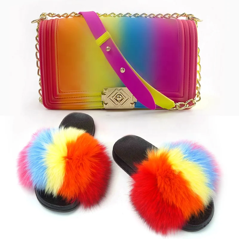 

Hot Rainbow color Jelly Woman Crossbody Purse match Slides Shoulder Bag With Fox Fur Slipper Set Mommy and me set women's sandal