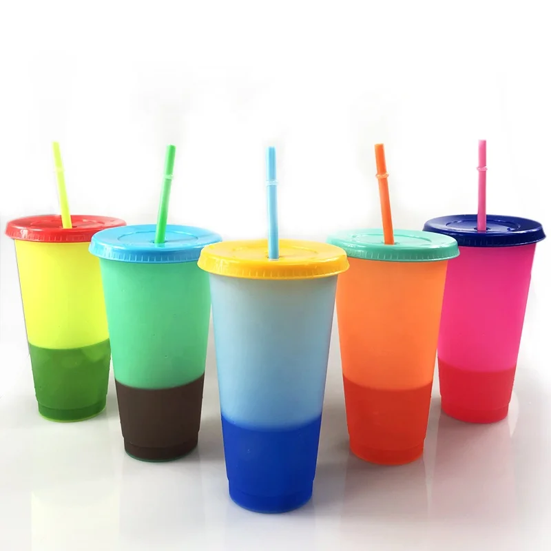 

24oz Reusable Cold Magic Drinking Tumblers with Lid and Straw Temperature Change Color Cups Changing Plastic Cup Coffee Mug, Orange, blue, yellow, green, rose red