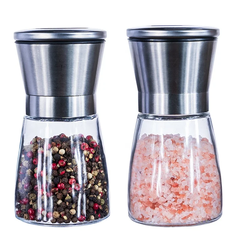 

Home salt and pepper grinder set stainless steel pepper mill glass bottle with adjustable ceramic rotor, Silver