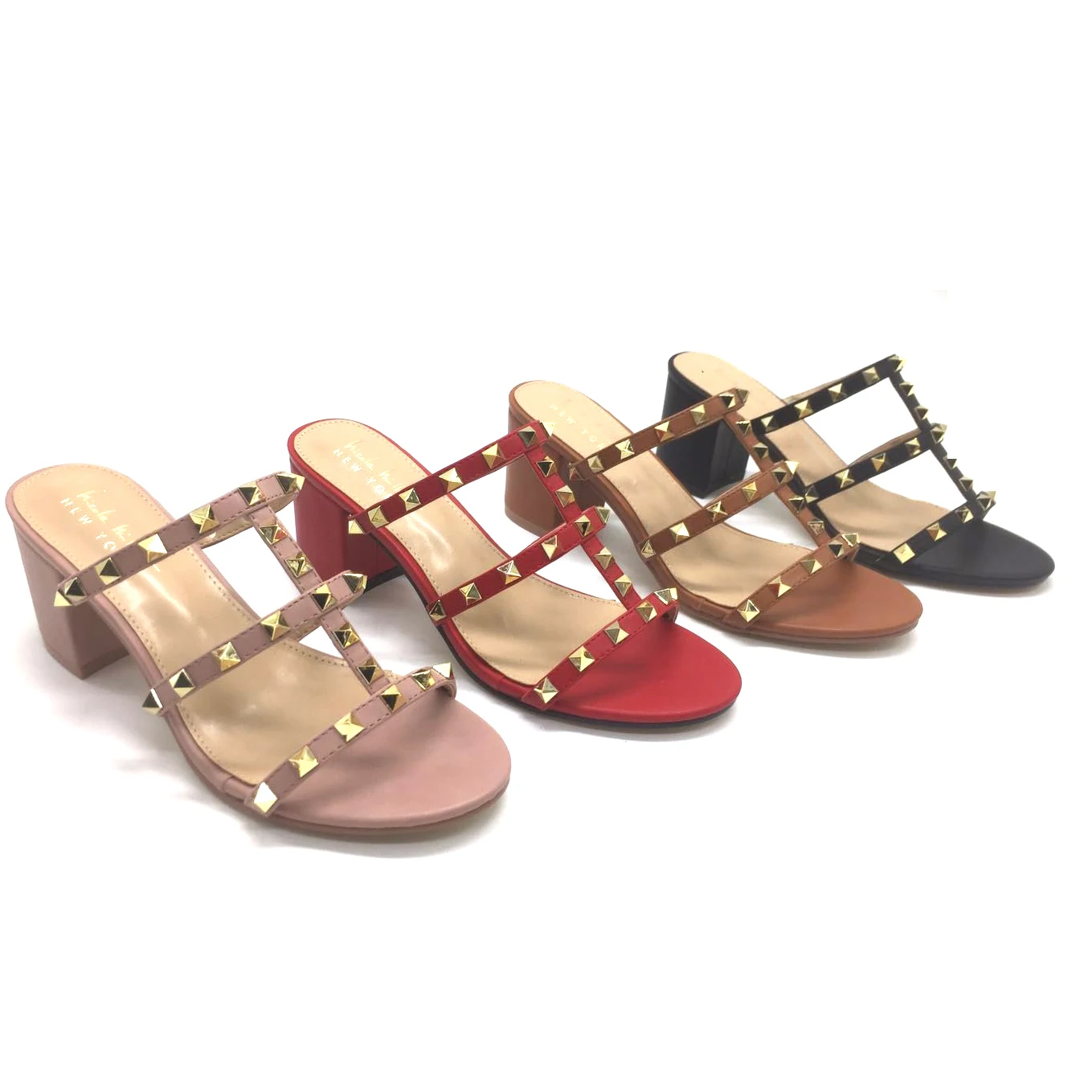 

Classic Design Three Straps Light Gold Studs Upper Women Block Heel Shoes Lady Heeled Sandals, Customized color