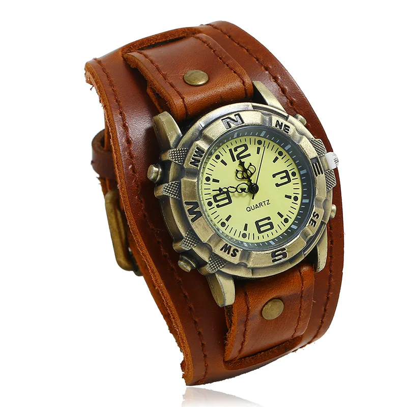 

European fashion women men punk style Hip hop vintage unisex cow leather watch bracelet