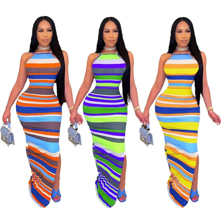 

Fashionable Straps Backless Knit Rib Striped Summer Ladies Elegant Slit Maxi Long Women Casual Sun Dresses