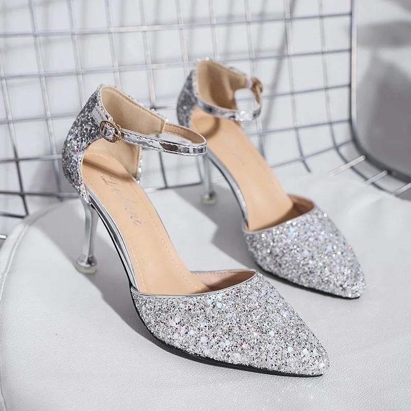 

Women'S Fashion Point Toe Bling Silver Gold Heels Shoes For Women New Styles