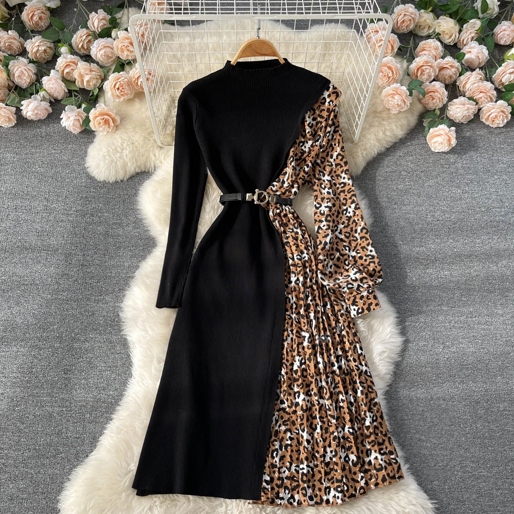 

2022 New Winter Elegant Knit Patchwork Gradient Ramp Ruffled Sweater Dress Women Casual Party Evening Dresses Ladies Clothes