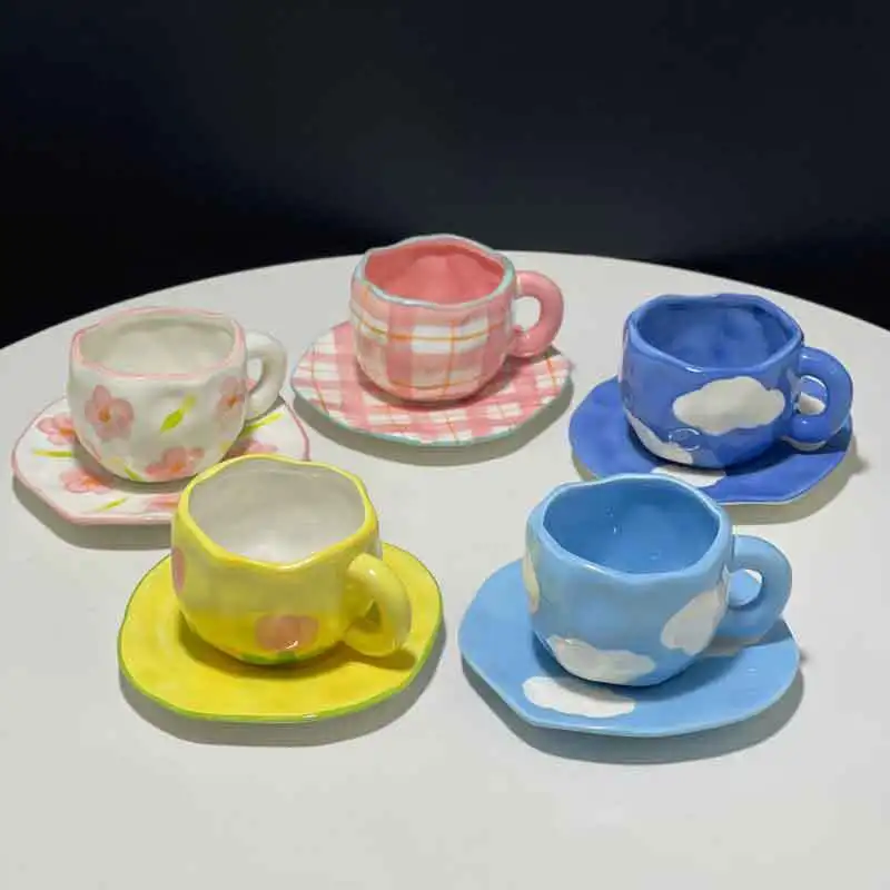 

Hand made irregular porcelain afternoon tea cup Underglaze color hand-painted ceramic coffee cups and saucers