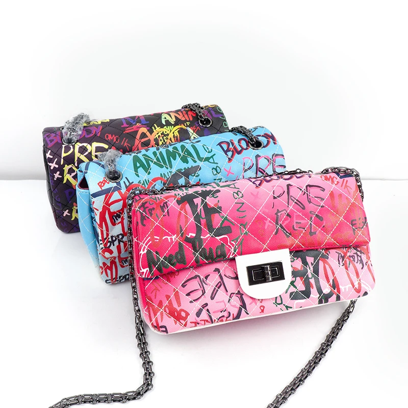 

Graffiti Bag Design Female Pu Leather Shoulder Handbag For Women's Party clutch bags leather women, Color