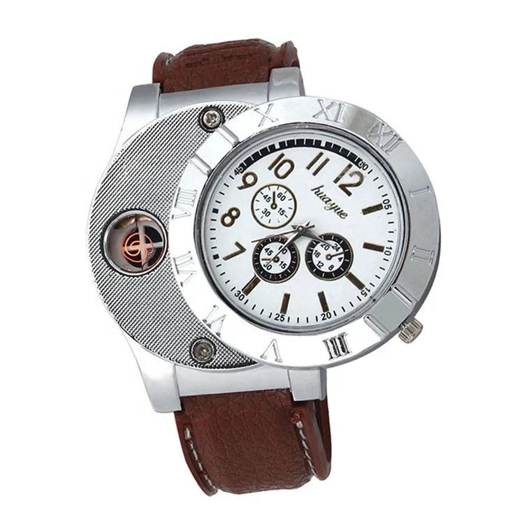 

Hot Sale Promotional Gift Men's Quartz Watch USB Rechargeable Metal Lighter Wrist Watch With Electric Cigarette Lighter, Black / brown