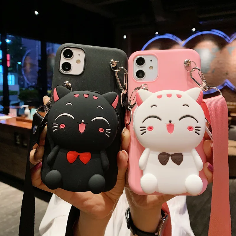 

3D Cartoon Coin Purse bag silicone Cover For iphone 11 pro Case For iphone XS max 6 7 8 xr iphone12 Couple lanyard Phone Case