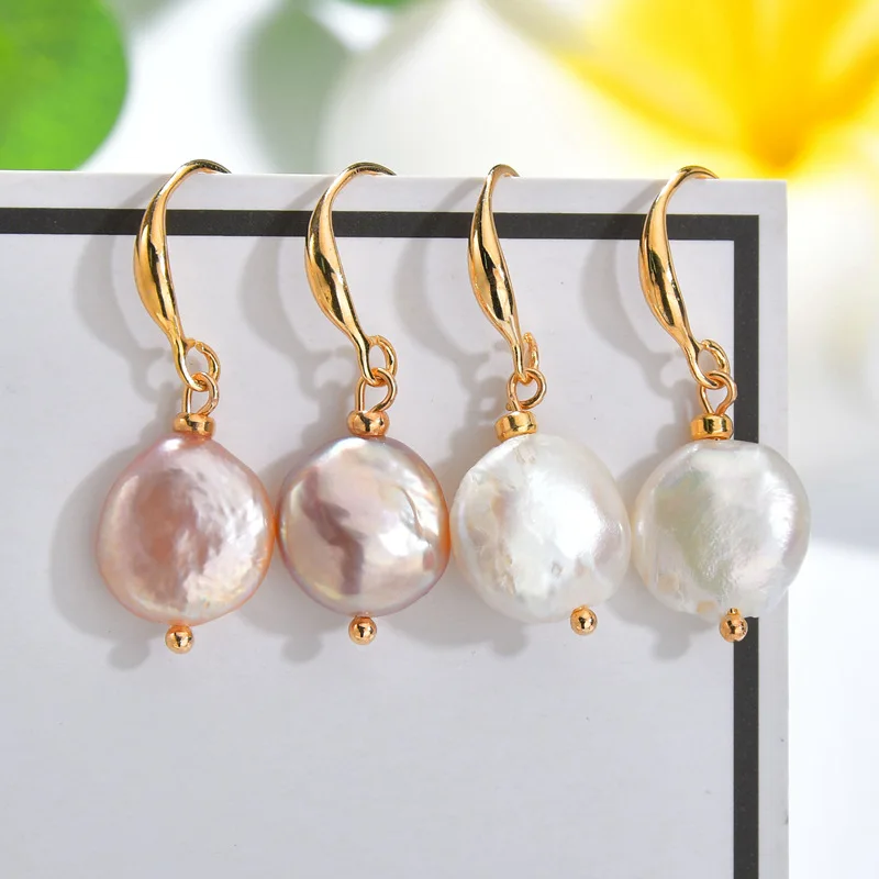 

Simple Design White Pink Oblate Irregular Natural Pearl Hook Earrings Real 18K Gold Plated Freshwater Pearl Drop Earrings, As pictures