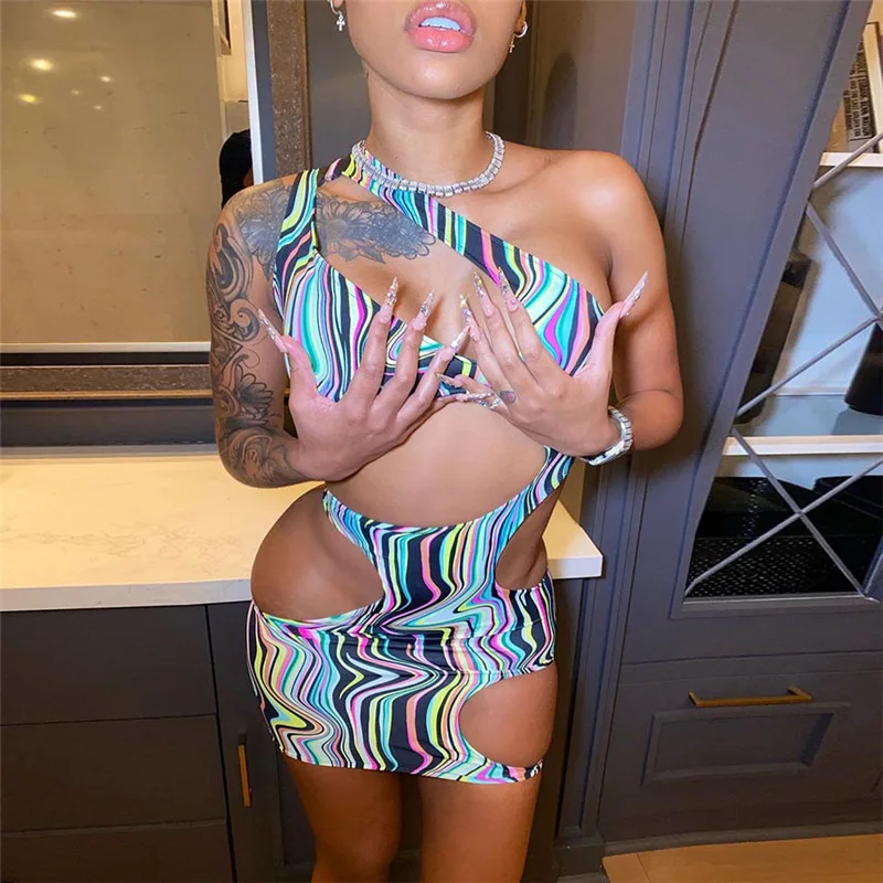 

2021 new arrivals summer collection hollow out asymmetrical printed design women sexy dresses