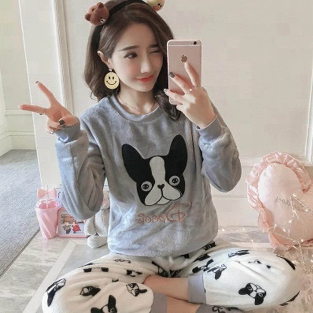 

Wholesale Winter Long Sleeve Pijamas Felpa Fleece 2 Piece Pajama Set Women Sleepwear