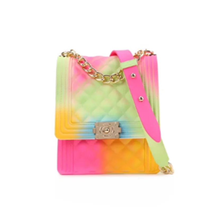 

LOW MOQ ladies rainbow jelly crossbody bag leisure mini girls purse handbag with lattice chain PU jelly handbags for women, 16 color for your option