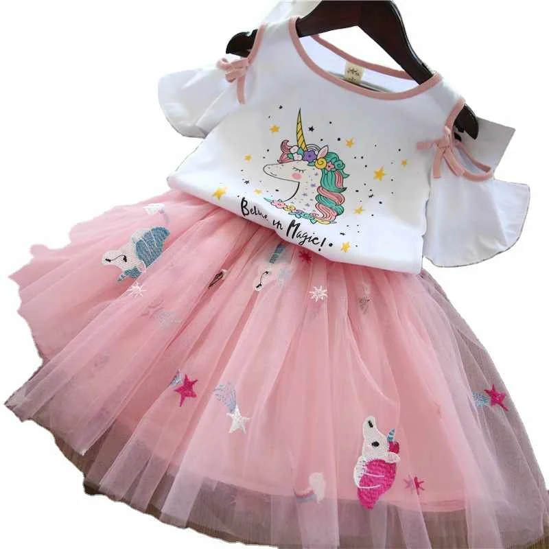 

Summer new korean cartoon printed short-sleeved t-shirt fluffy skirt two-piece girl children kids clothing suit