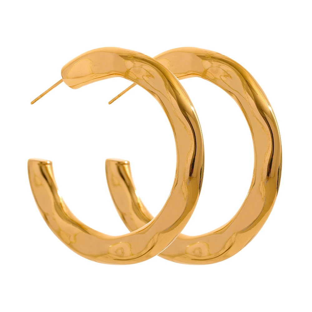 

JINYOU 2189 Waterproof Hyperbole Gold Jewelry for Women Stainless Steel Metal Texture Big Round Thick Minimalist Hoop Earrings