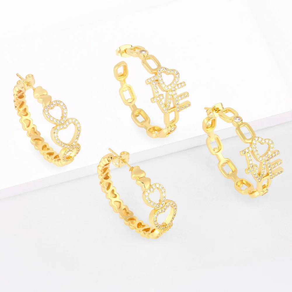 

2022 New Arrivals Real 18k Gold Plated Multi Cubic Zircon Heart Hoop Earrings CZ Letter Love Heart Chain Hoop Earrings