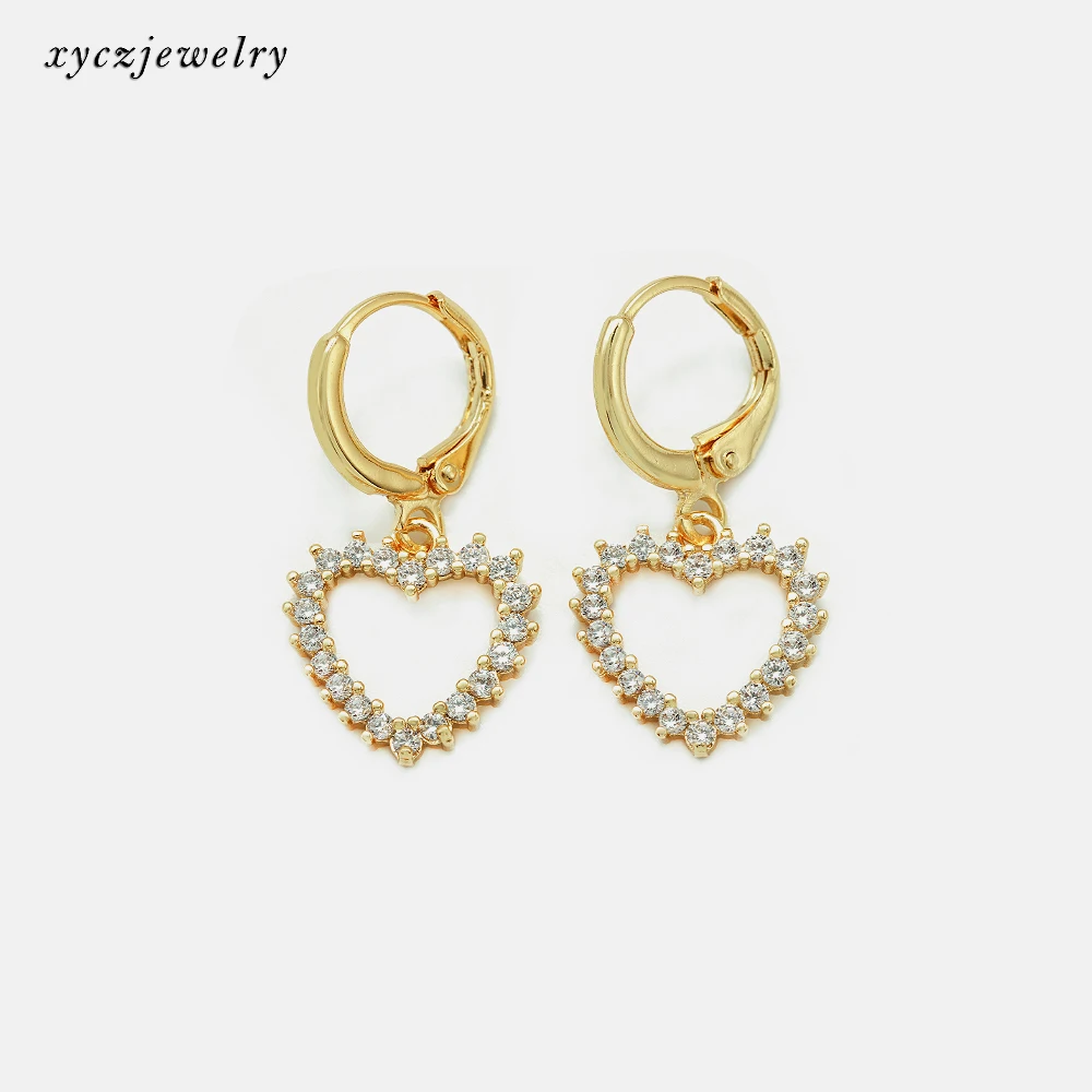 

Beautiful CZ brass 18k gold plated jewelry drop heart earrings, White