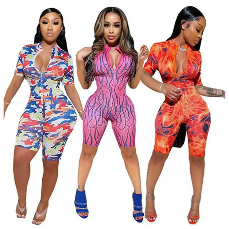 

0620M250 New Summer Printing Zipper Ladies Bodysuits Women One Piece Short Jumpsuits And Rompers