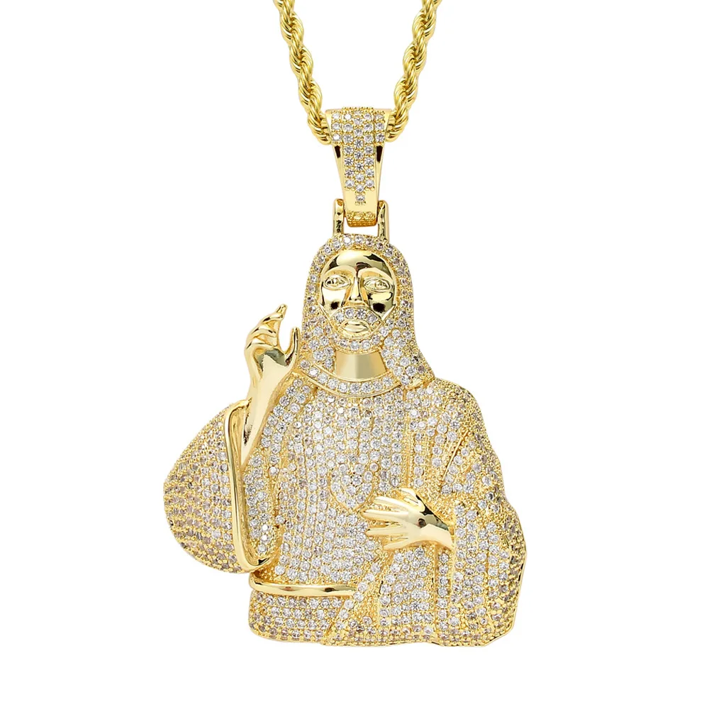

Jesus Christ Necklace Pendant Copper Inlaid All Diamond Zircon Cuban Chain Miami Men's Fashion Religious Portrait Jewelry