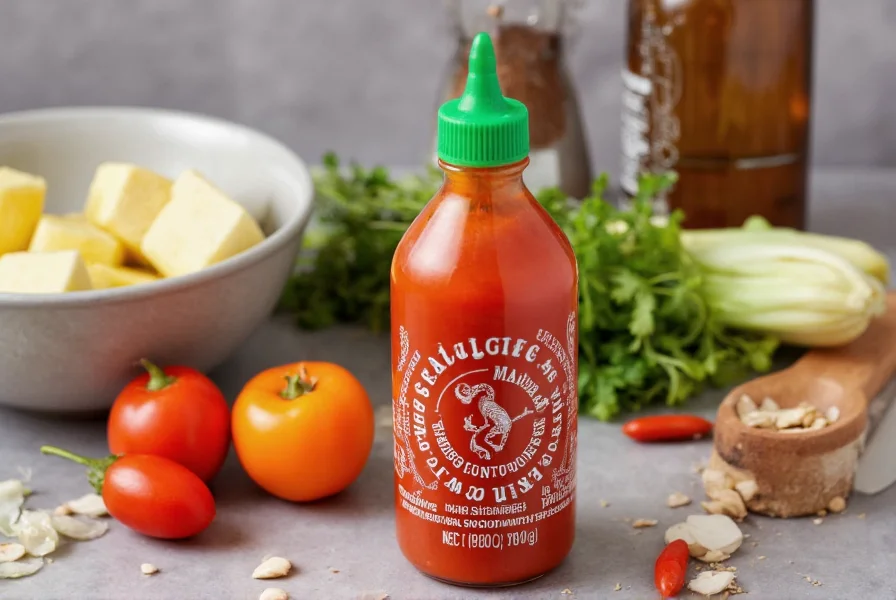 Sriracha chili sauce bottle next to common kitchen ingredients showing proper storage techniques