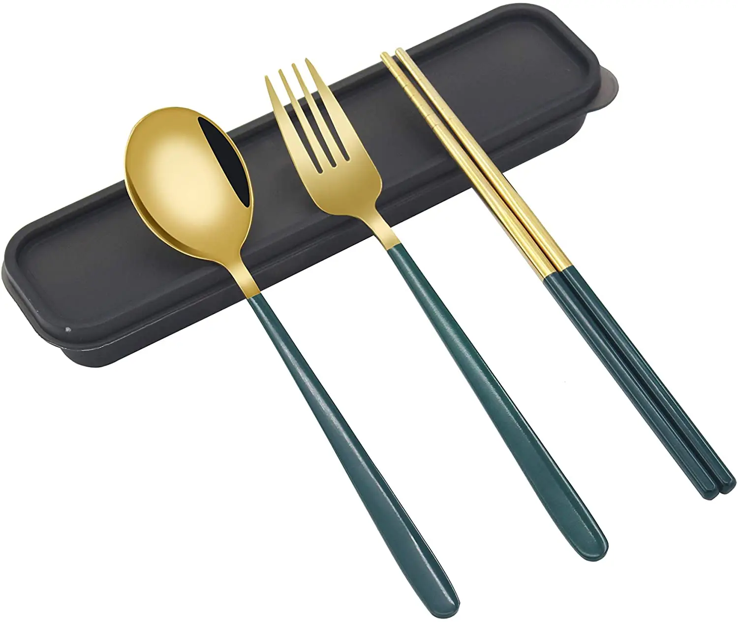 

Nordic Reusable Gold Plated Travel Camping Cutlery 3Pcs Personal Portable Spoon Fork Chopstick Set With Colored Handle In boxes, Silver, gold, customized color