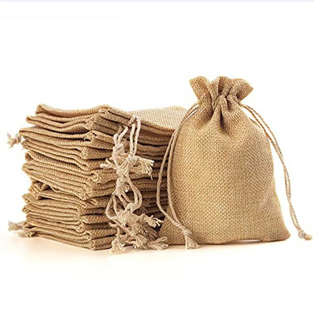 

Manufacturer custom logo mini linen natural jute drawstring bag for packaging