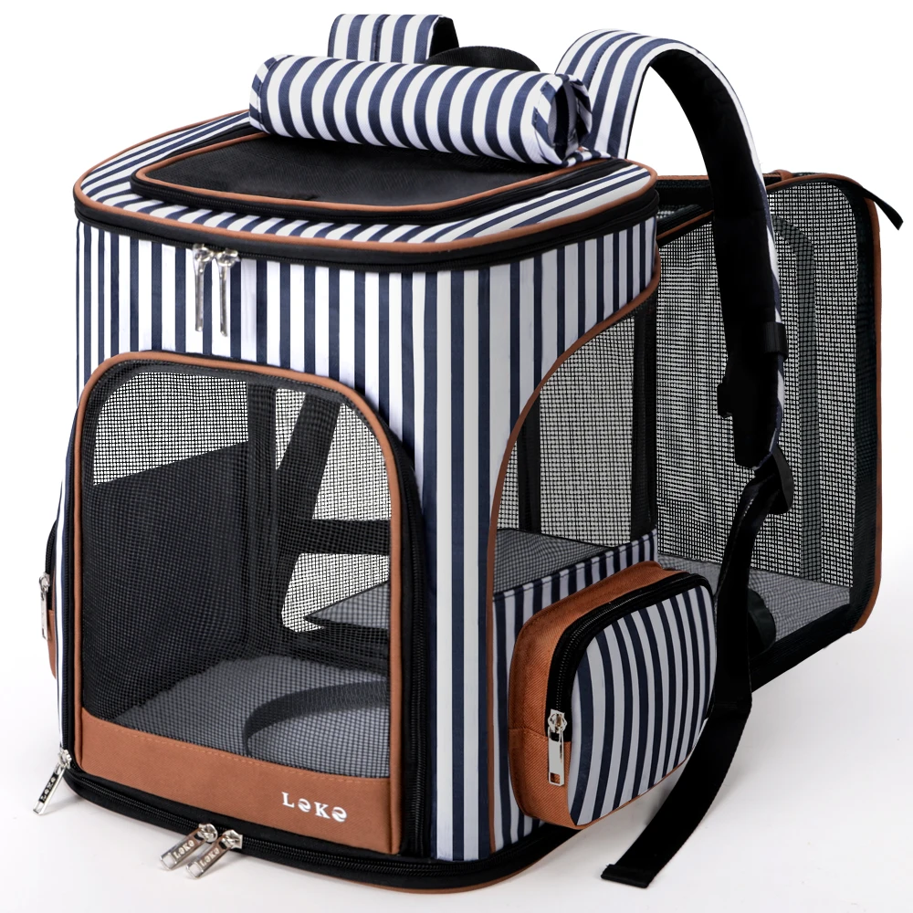 

Lekesky custom back compartment zipper transparent blue striped travel pet backpack for small dogs cats, Gray, black