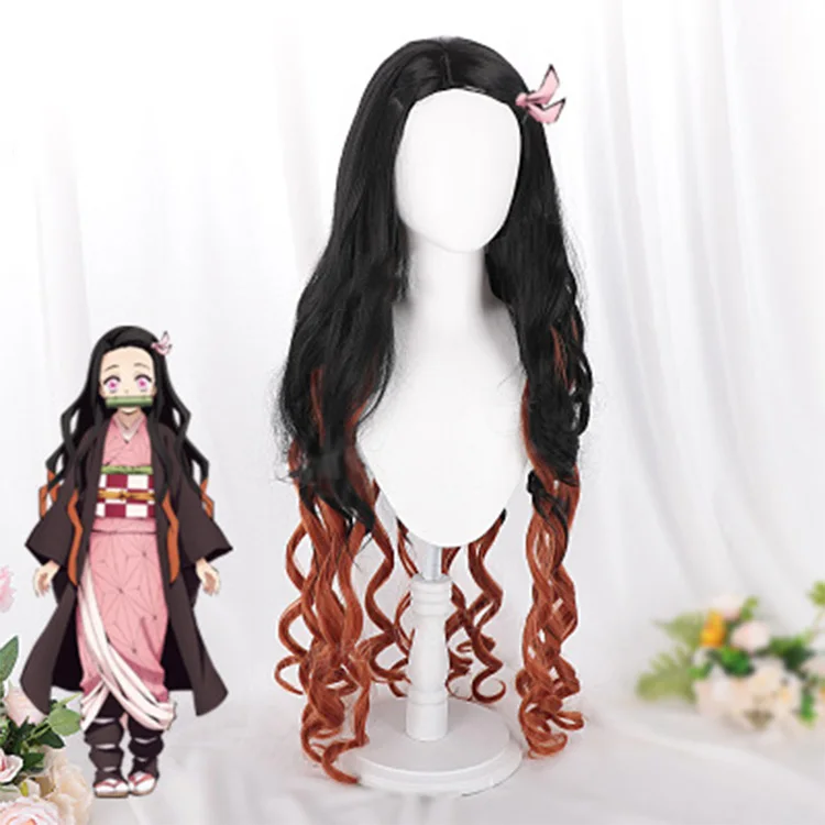 Demon Slayer Costume Anime Halloween Cosplay Figure Kamado Nezuko Black Orange Gradient Long Curly Hair Wigs