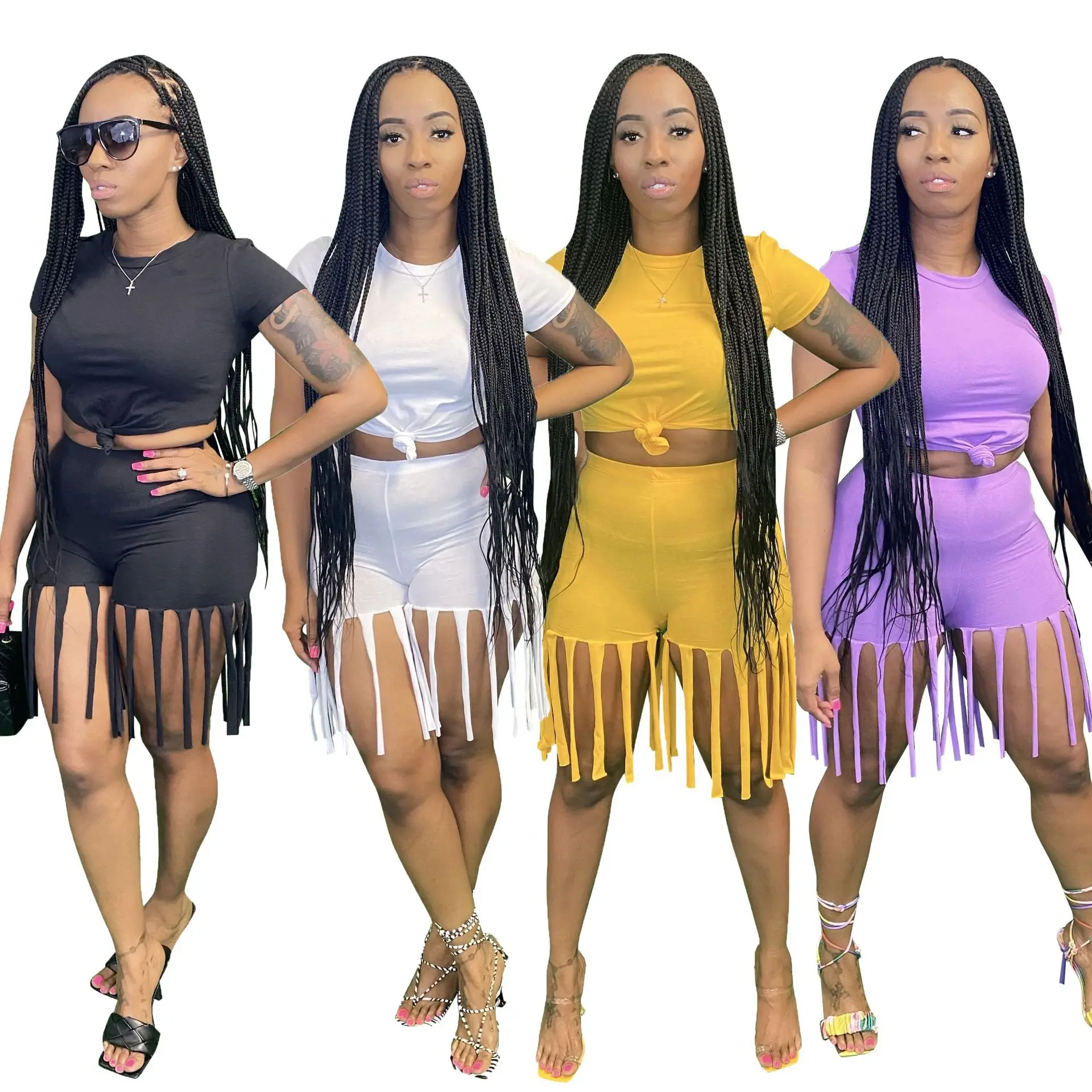 

Two piece short set Pure Color Tassel Slim Sports Casual Suit two piece short set women, Customized color/as show