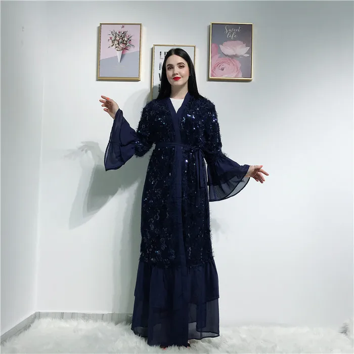 

Newest Fashion Islamic Abaya Muslim Women Lady Sequin Flare Sleeve Open Abaya, Beige,navy,wine red,black