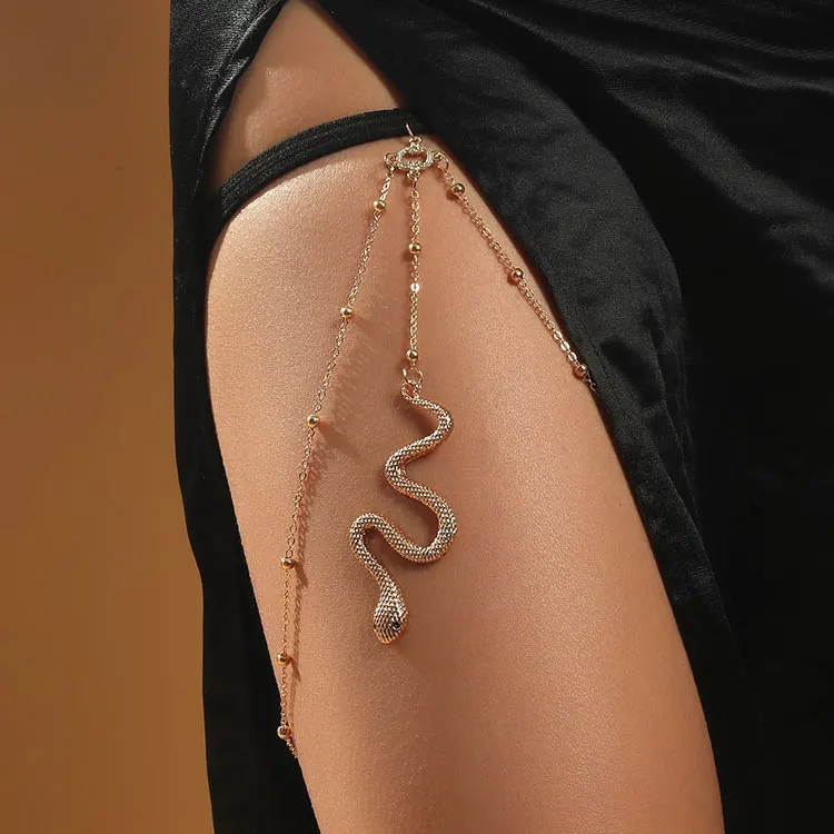 

SC Hot Selling Multilayer Long Thigh Chain Bohemian Beaded Stretch Leg Chain Women Sexy Exaggerated Snake Pendant Thigh Chain, Gold, silver