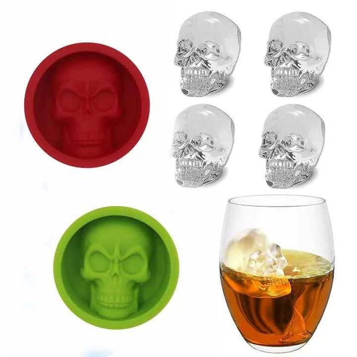 

BPA-free Single Skull-Shaped Silicone Ice Tray Mold for Whiskey Wine Cocktail Drinking 3D Ice Cube Mold, Red,blue,orange,green