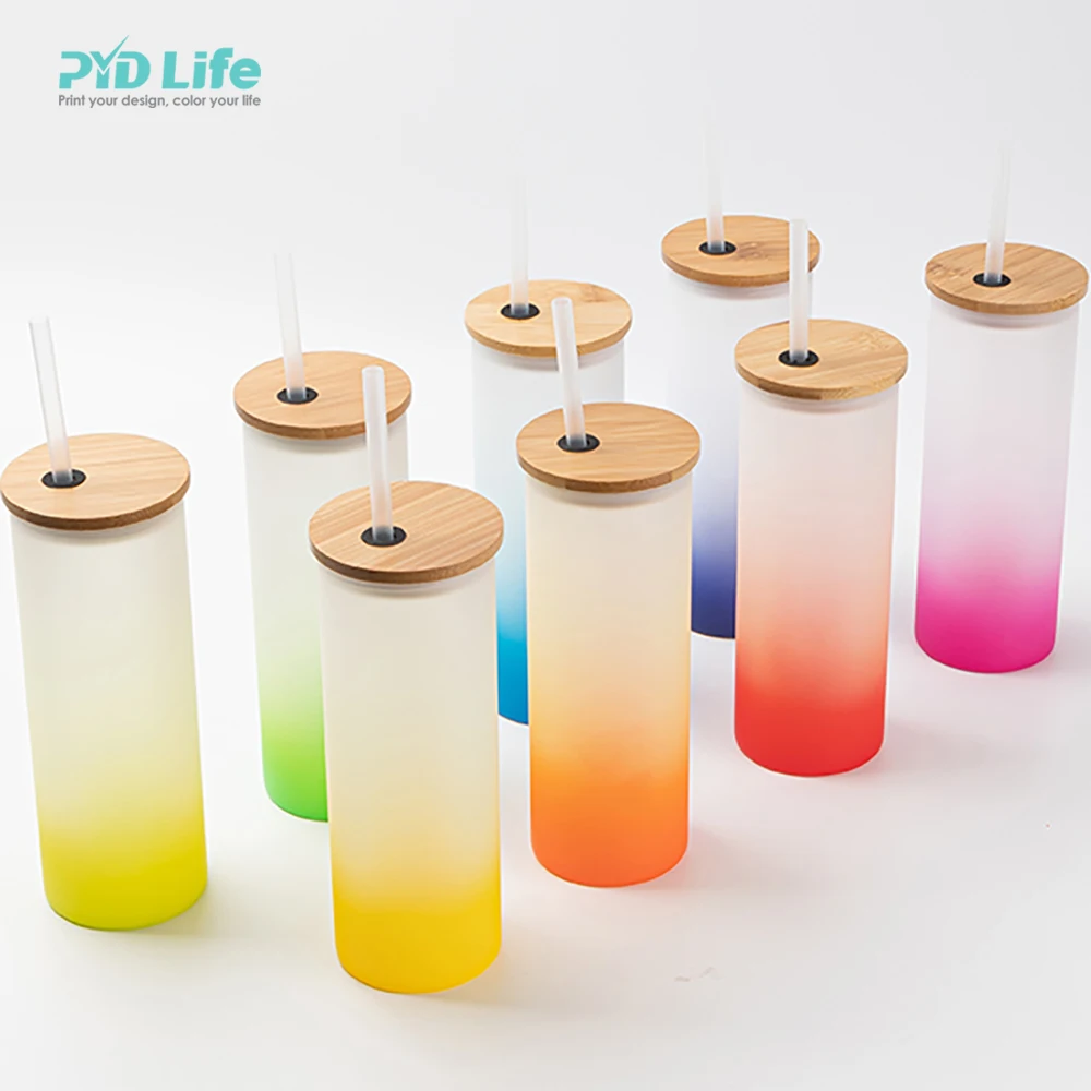 

PYD Life Sublimation 17oz Frosted Glass Gradient Tumbler Skinny Blank Straight Sublimation Tumbler with Straw And Bamboo Lid