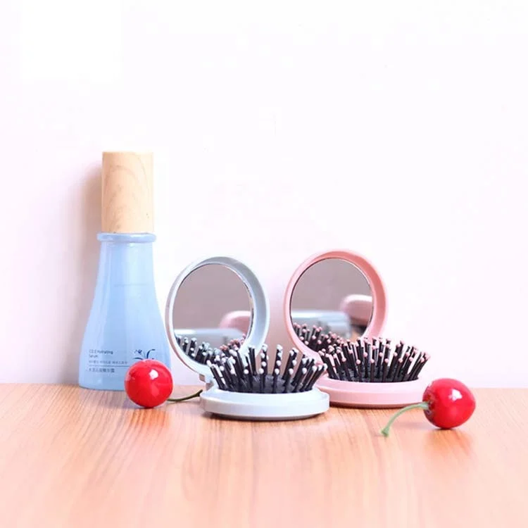 

2021 Private Label High Quality Fashion Round Portable Compact Hair Brush Plastic Foldable Mini Makeup Mirror, Pink, blue