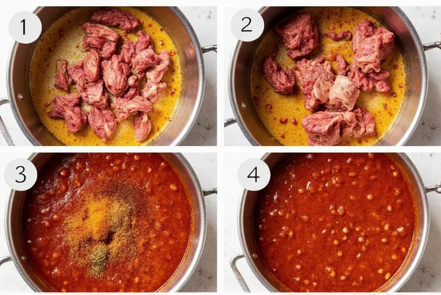 Step-by-step preparation of no bean chili showing searing meat, adding spices, and final simmering stage