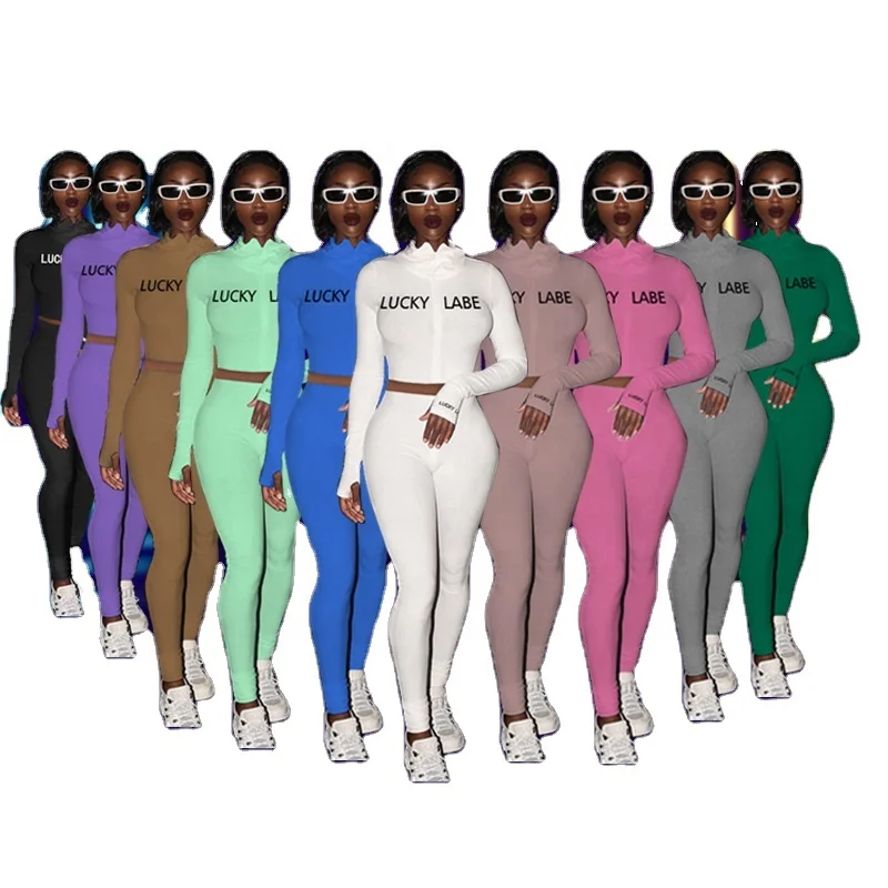 

2021 Stylish Solid Color Multicolor Two Piece High Collar Embroidered Letter Zipper-up Crop Top Pants Sports Suits Tracksuits