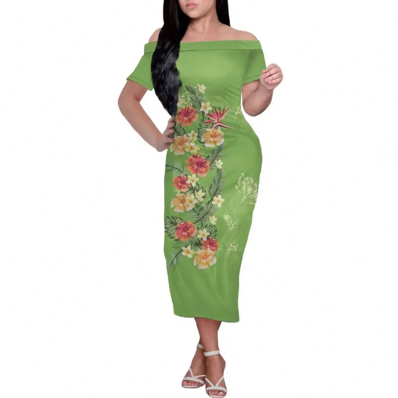 

2021 Summer Short Sleeve Skirts Bodycon Dress Women Polynesian Stylish Hibiscus Printing Design Midi Dress Party Women Dresses, Customized color