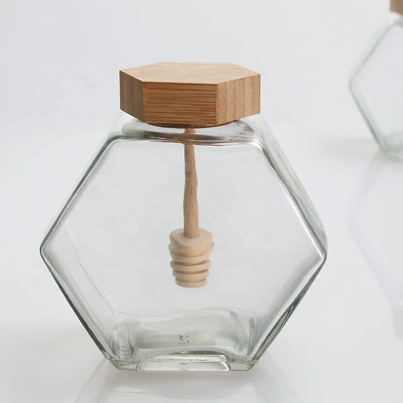 220ml hexagon glass jar for honey airtight storage empty jar for sugar glass storage jars with wooden lids