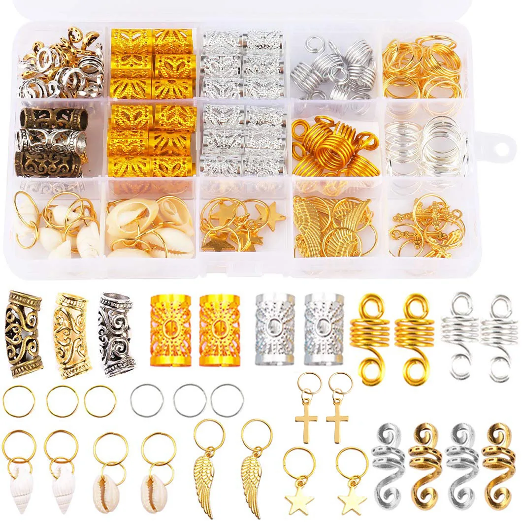 

254 Pieces Dreadlock Hair Jewelry Rings Metal Cuffs Shell Charms Coils Aluminum Hair Accessories Spring Hair Decoration
