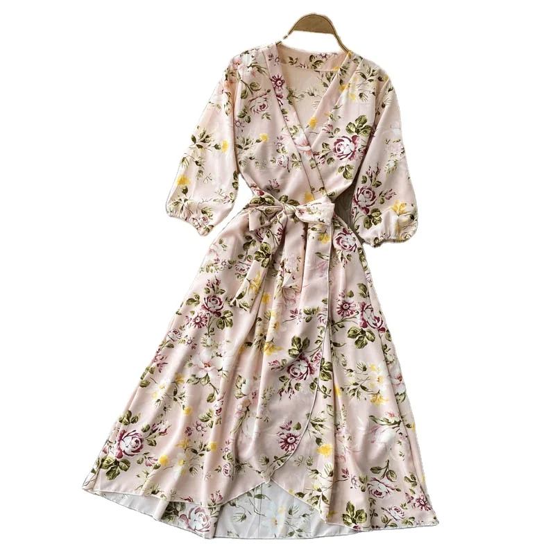 

New Vintage Slim V Neck spring Autumn Floral Print Midi Long Irregular Bandage Dress Women 3/4 Sleeve High Waist elegant dress