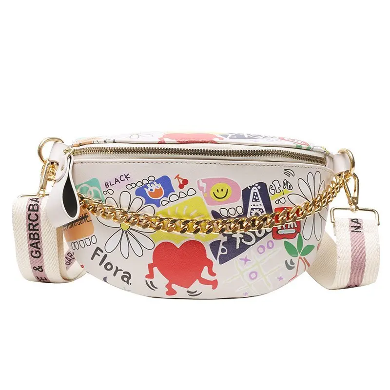 

Luxury thick Chain PU leather crossbody waterproof ladies waist bags Fashion Strawberry Cartoon printing girls fanny pack, Black print, white print, black strawberry,white strawberry