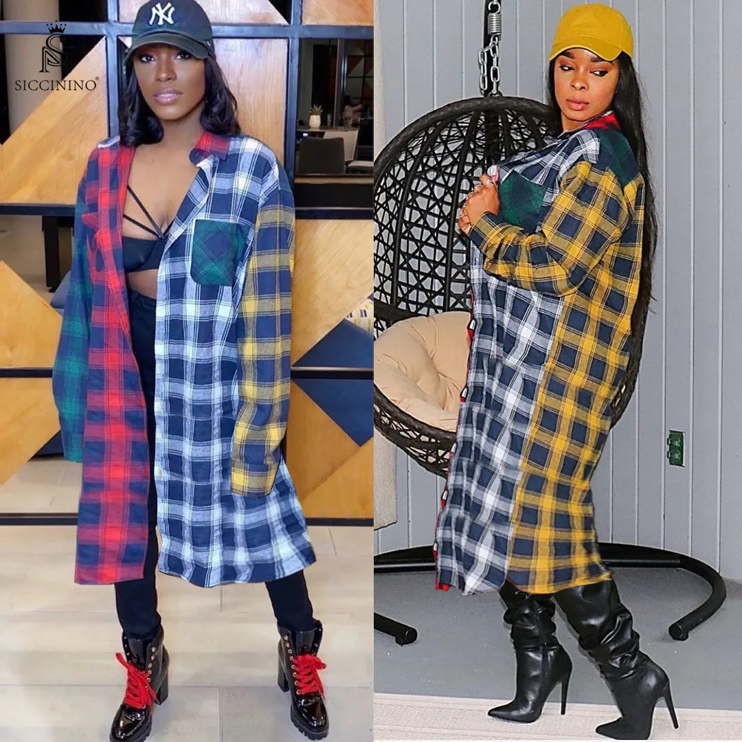 

2020 fashion casual long length long sleeve joint color plaid shirt for women shirts