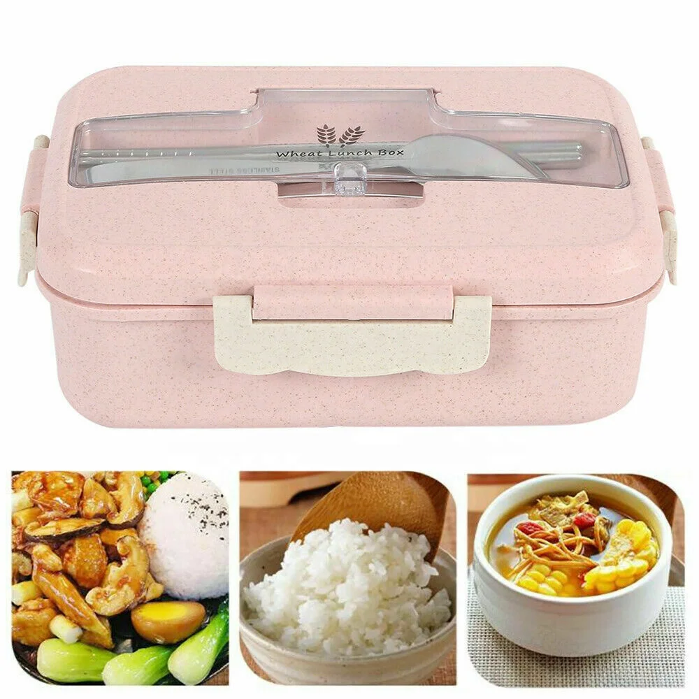 Ready to ship bpa free leakproof microwave safe bamboo fiber wheat straw lunch box with chopsticks and spoon portable