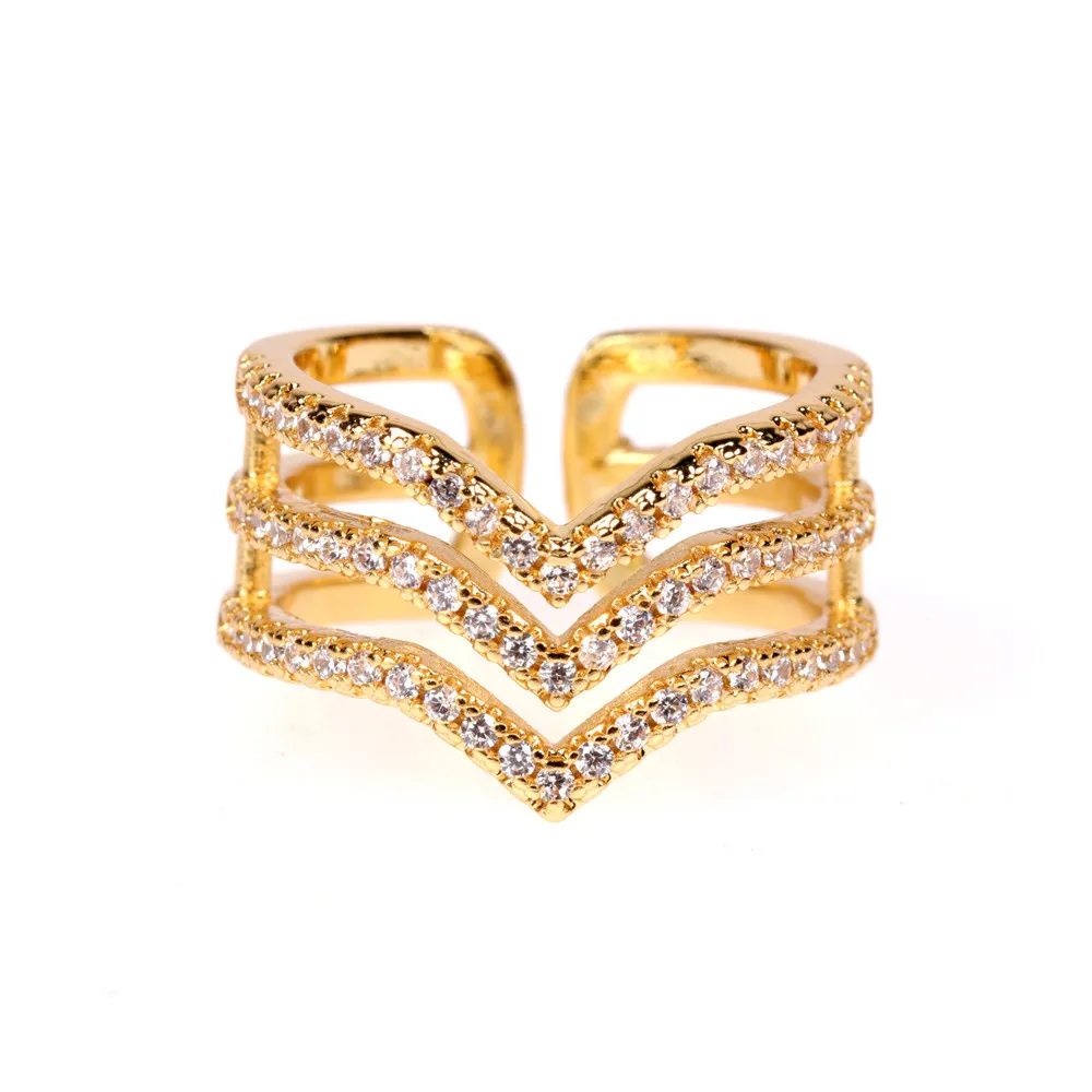 

Luxury Sparkling Hollow Out Three Rows Rhinestone Crystal Rings Fashion Wide V shaped Diamond Opening Ring, Gold