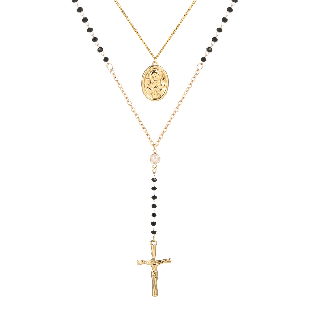 

Layered Necklace With Gold Cross Figure And Pearl Pendant With Black Crystal Chain